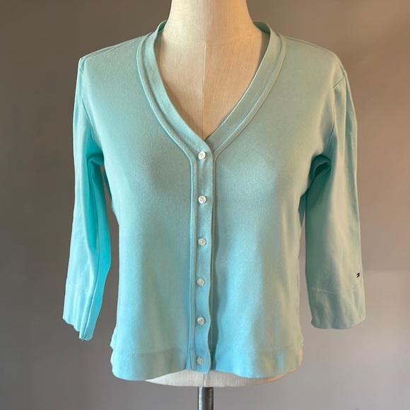 TOMMY HILFIGER women’s button up 100% SOFT COTTON cardigan V neck 3.4 sleeve Med - Picture 1 of 11